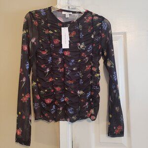 Topshop Floral Ruched Mesh Long Sleeve Top